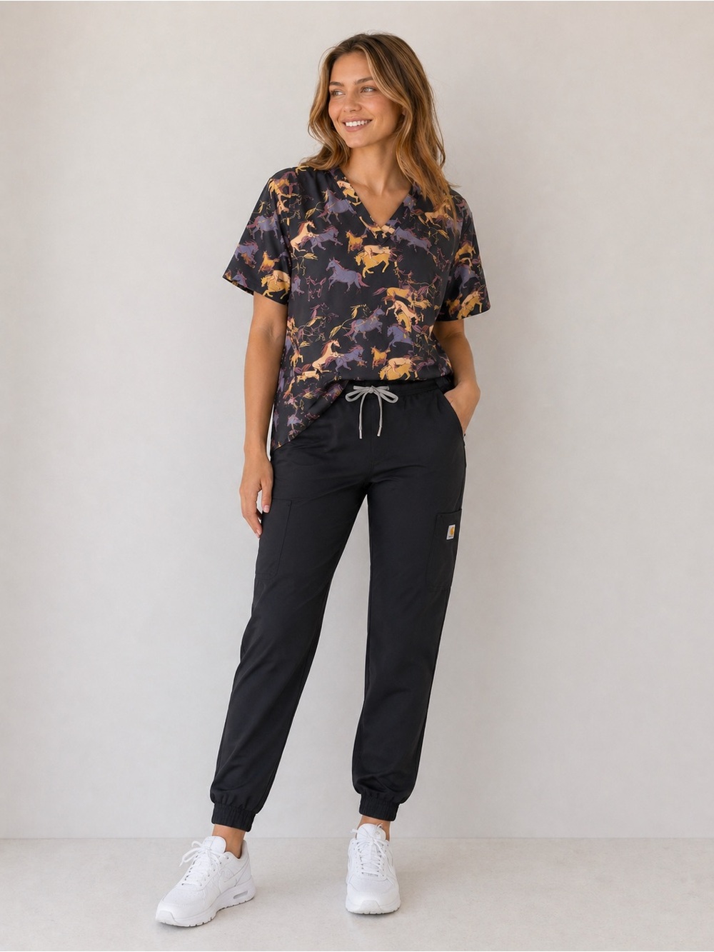 Carhartt Horse Print Scrub Top Western Cowgirl V-Neck Plus XL